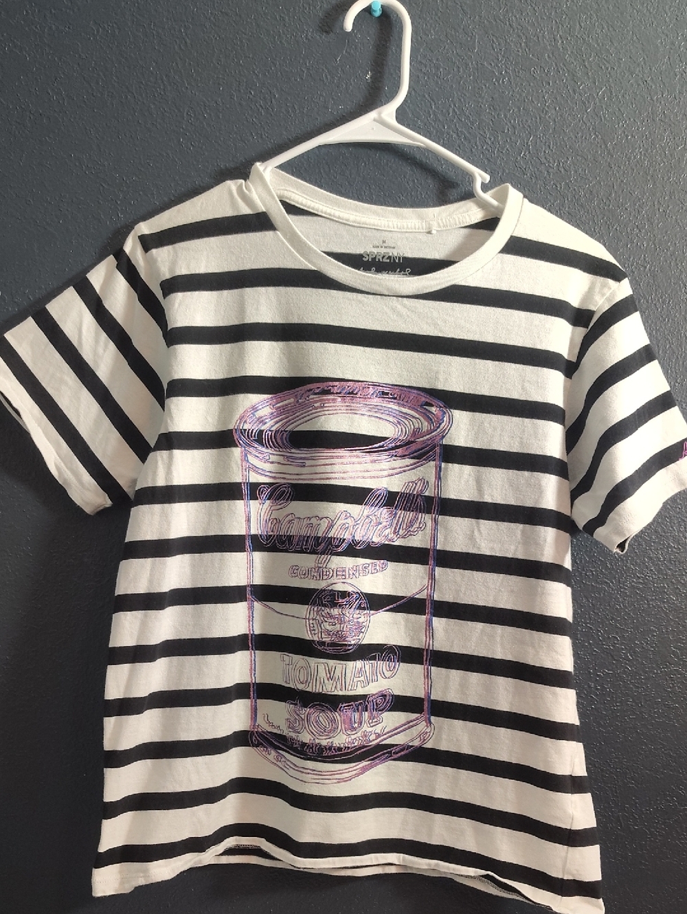 SPRZNY Enthusiasts Tomato Soup Pop art Quirky Bold Black White Striped T-shirt.